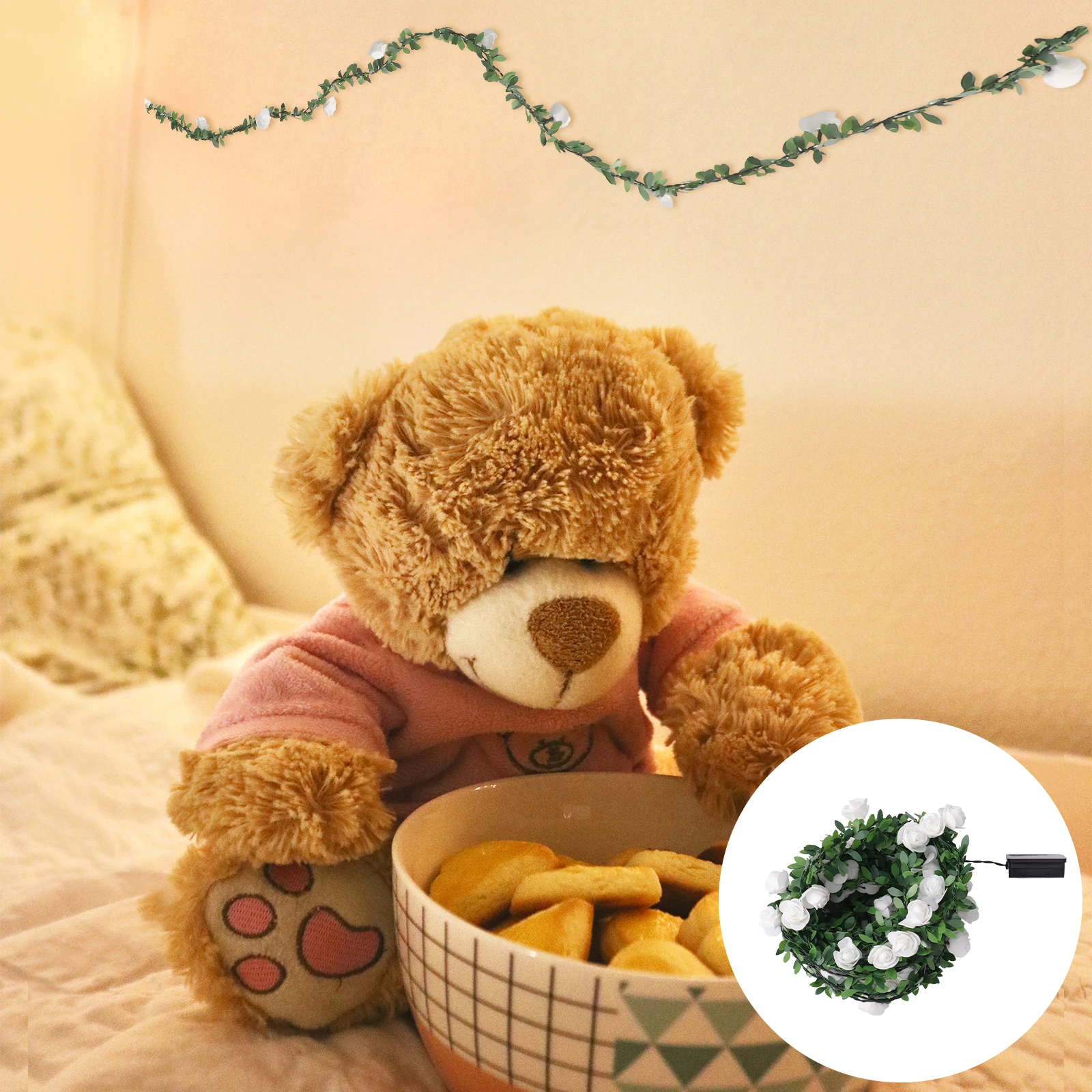 

1 Set Led String Light Artificial Rose Vine Solar Powered Lamp Lifelike Green Leaf Rattan Outdoor Garden Wedding Party Garland