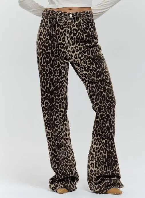 

Summer Retro Street Style Loose Low Waist Leopard Print Pants for Women, Fashionable Slim Fit High Waist Micro Flared Pants