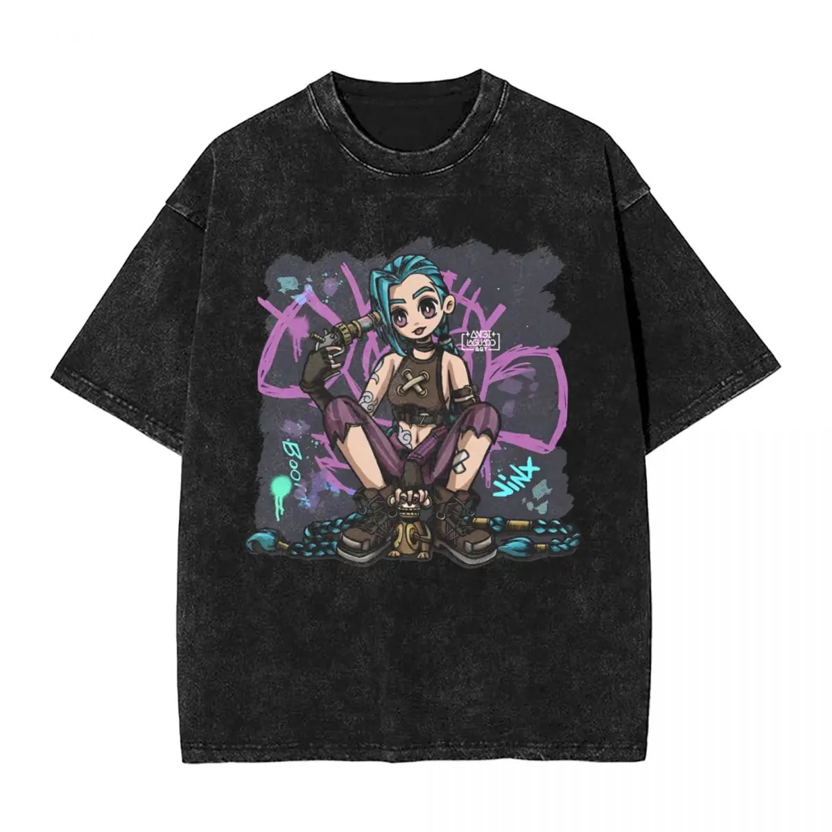 Arcane Anime Jinx Washed T-Shirt Man Y2K Classic Casual T-Shirts Summer O Neck Fashion Tees Loose Oversized Tops