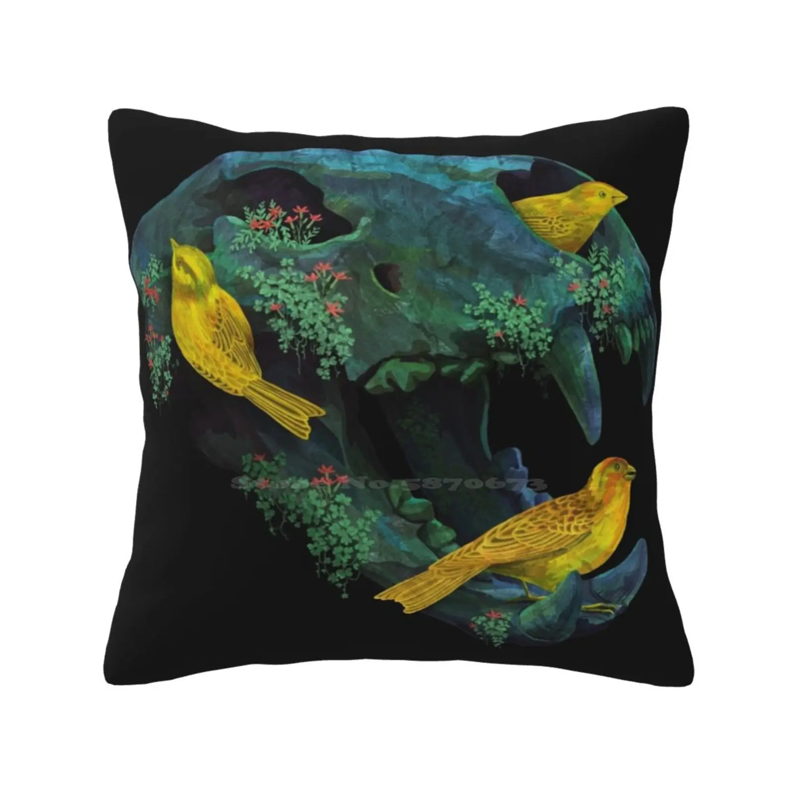 Three Little Birds Bedroom Office Hug Pillowcase Birds Skull Cat Lyon Nature Flowers Plants Artistic Texture Artsy Green Yellow