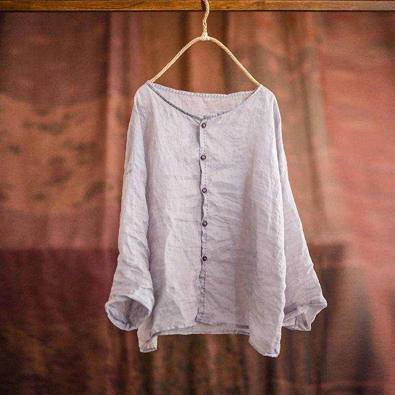 

Women Long Sleeve Linen Shirt New Arrival 2025 Spring Vintage Style O-neck Plain Color Loose Female Casual Tops Shirts T469