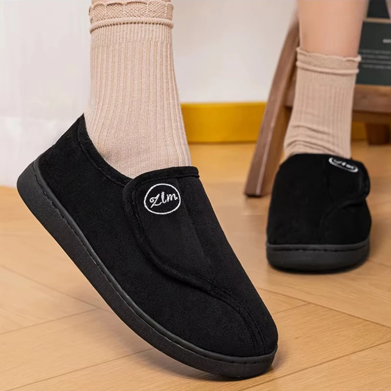 Men House Slippers Adjustable Velcro Women Winter Fuzzy Fleece Warm Non Slip Back Indoor Home Shoes Bedroom Footwear Fluffy