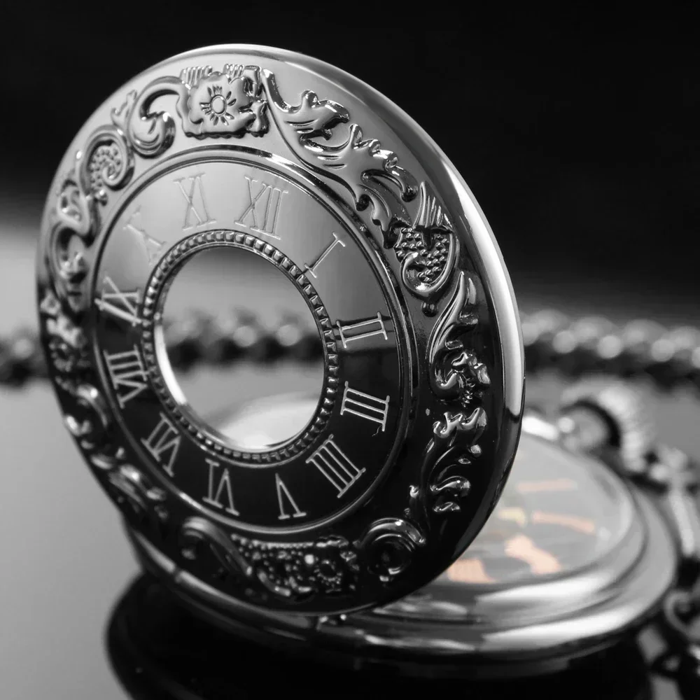 

10pcs/lot Wholesale Luxury Black Metal Mechanical HandWind Pocket Watch Men Steampunk Vintage Chain Fob Watch Pendant Clock Gift