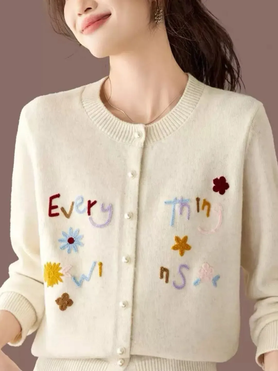 Sweet Style Letter Embroidered Knitted Cardigan Women's round Neck Soft Cozy Versatile Sweater Base Layer Autumn Winter Jacket