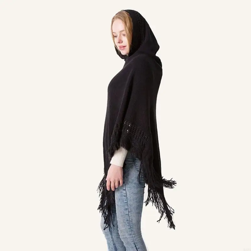 Women Winter Knit Hooded Poncho Crochet Fringed Tassel Shawl Wrap Sweater 6XDA