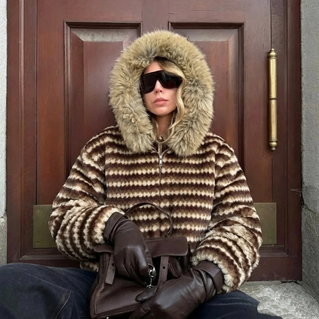 Women's Faux Fur Coat Longline Soft Fluffy Winter Jacket Elegant Outerwear Hooded Striped Teddy Fur Coat Fashion Girls Overcoat