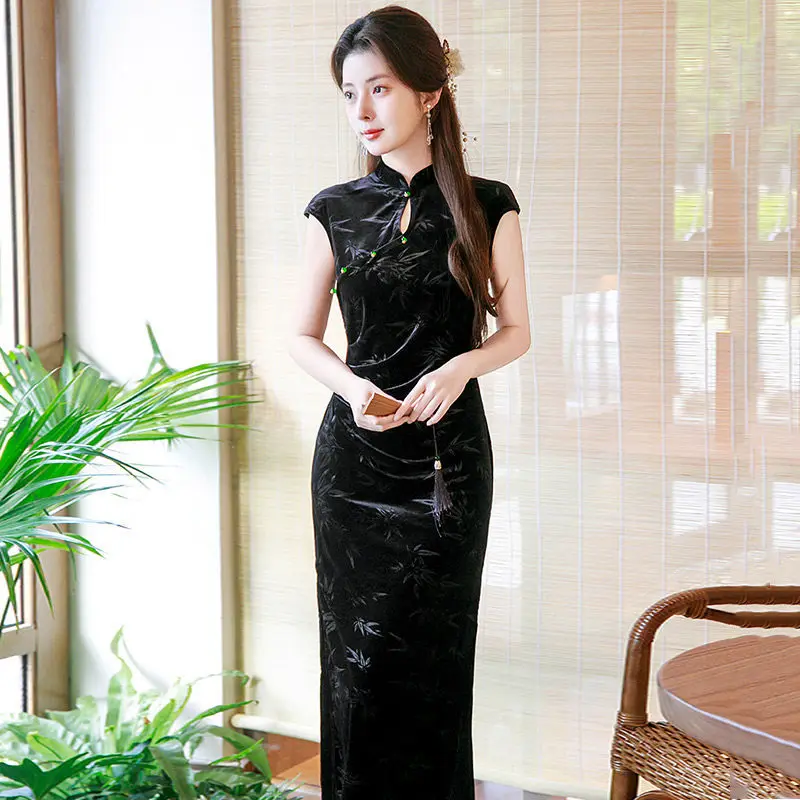 

Spring Black Velour Sleeveless Cheongsam Old Shanghai Improved Chinese Style Young Girl Qipao Dress