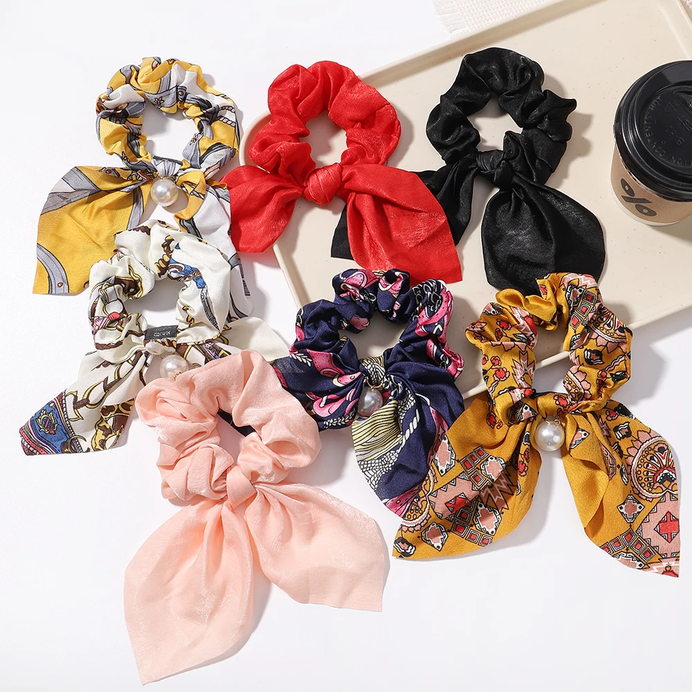 4 pz/lotto donne ragazze Chiffon Bowknot seta capelli Scrunchies Set perla coda di cavallo fascia capelli corda fascia accessori per capelli ragazze