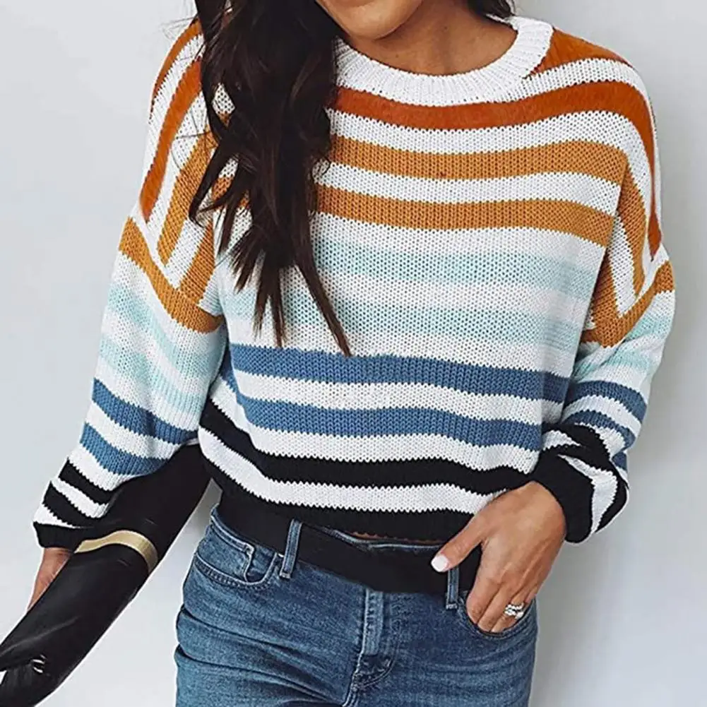 Sweater rajut wanita leher bulat, Sweater rajut wanita motif garis akrilik, Sweater rajut wanita motif garis warna-warni, Sweater longgar pas leher O