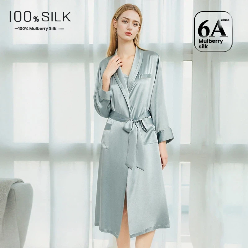 19 Momme Silk Robe Women 100% Mulberry Silk Midi Long Kimono Bathrobe Heavyweight Satin Loungewear Outerwear Coat