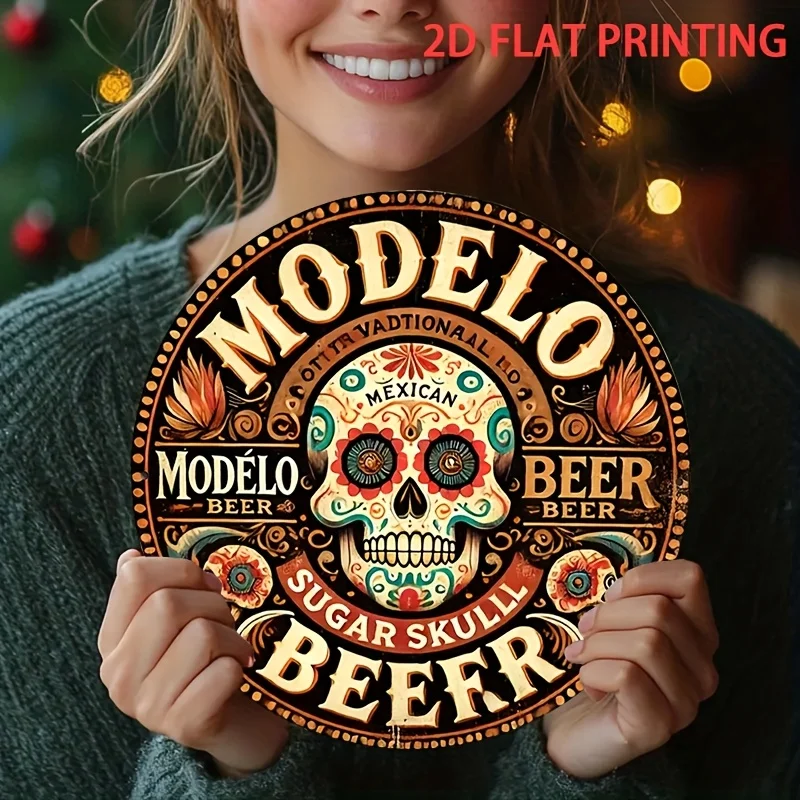 Modelo Beer Sugar Skull Round Metal Tin Sign 2D Flat Printing Vintage Mexican Wall Plaque For Bar Home Decor