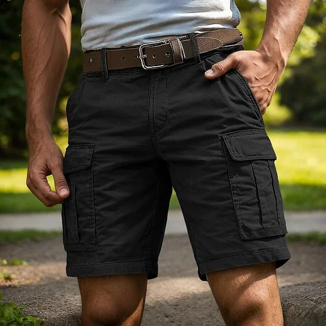 Klassische Cargo-Shorts für Herren, mehrere Taschen, gerades Bein, einfarbig, lässige Arbeitsshorts, Outdoor-Wanderhose, knielang, für den täglichen Gebrauch. – Detail 2