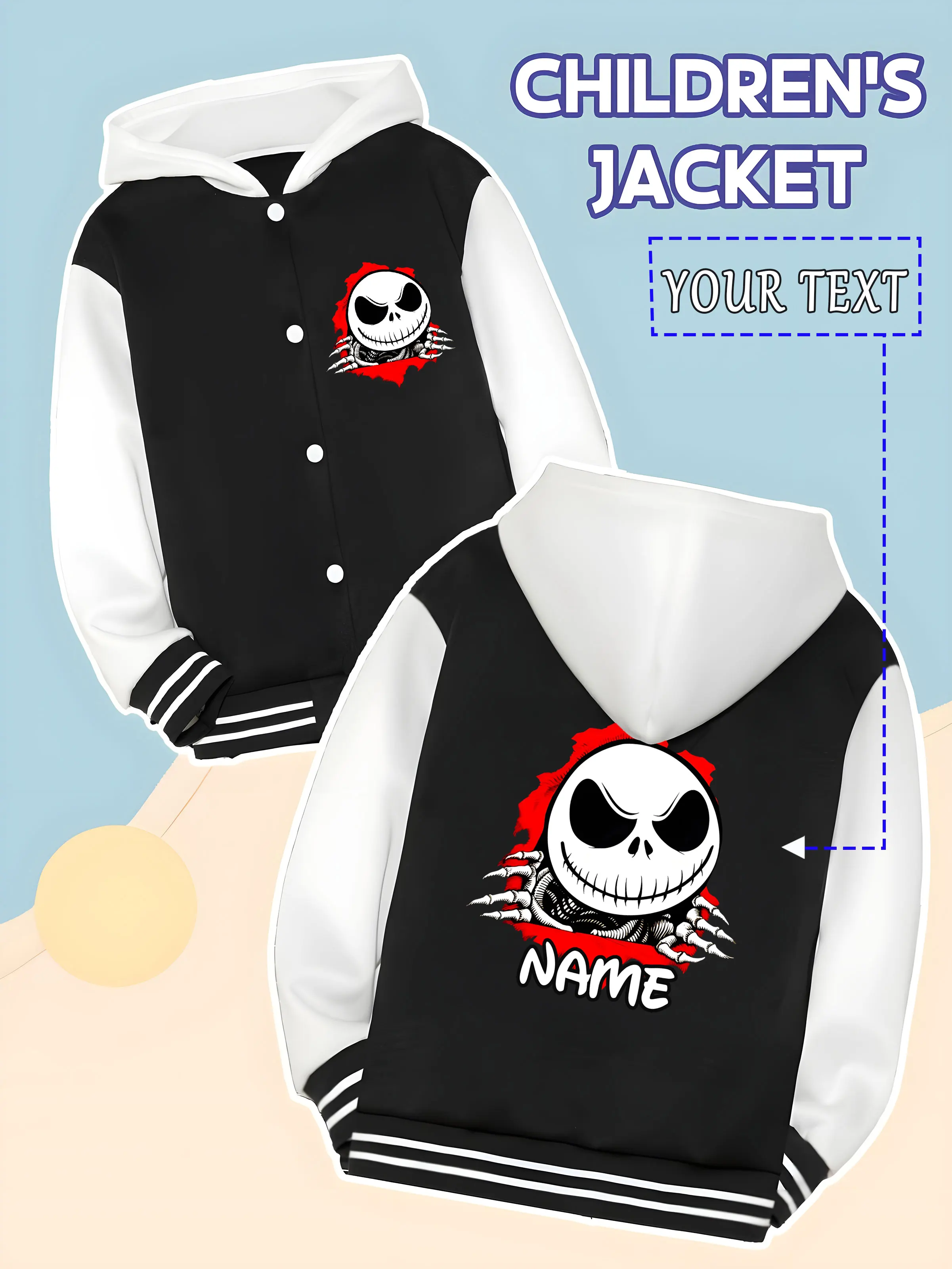

MINISO Disney's Nightmare Before Christmas Bloody Children's Baseball Jacket - Skull bloody border design, hardcore eye-catching