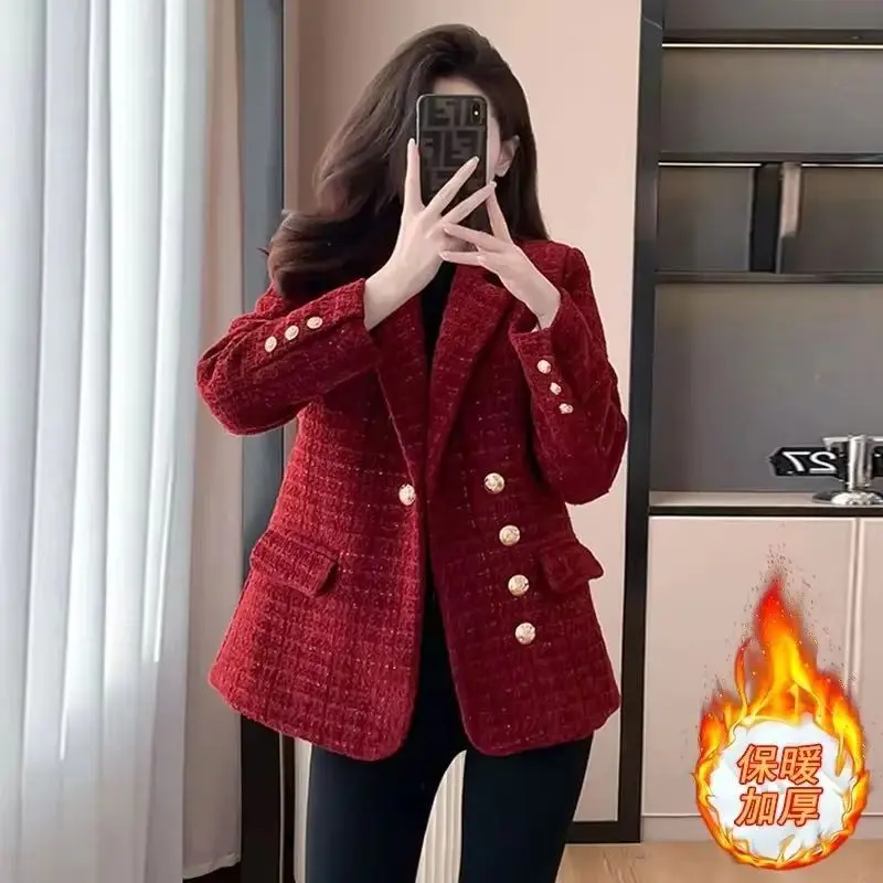 

Fashion Design Double Breasted Top Jacket Female 2025 New Spring Autumn Women's Coat Short Thickened Winter Coat Red Black