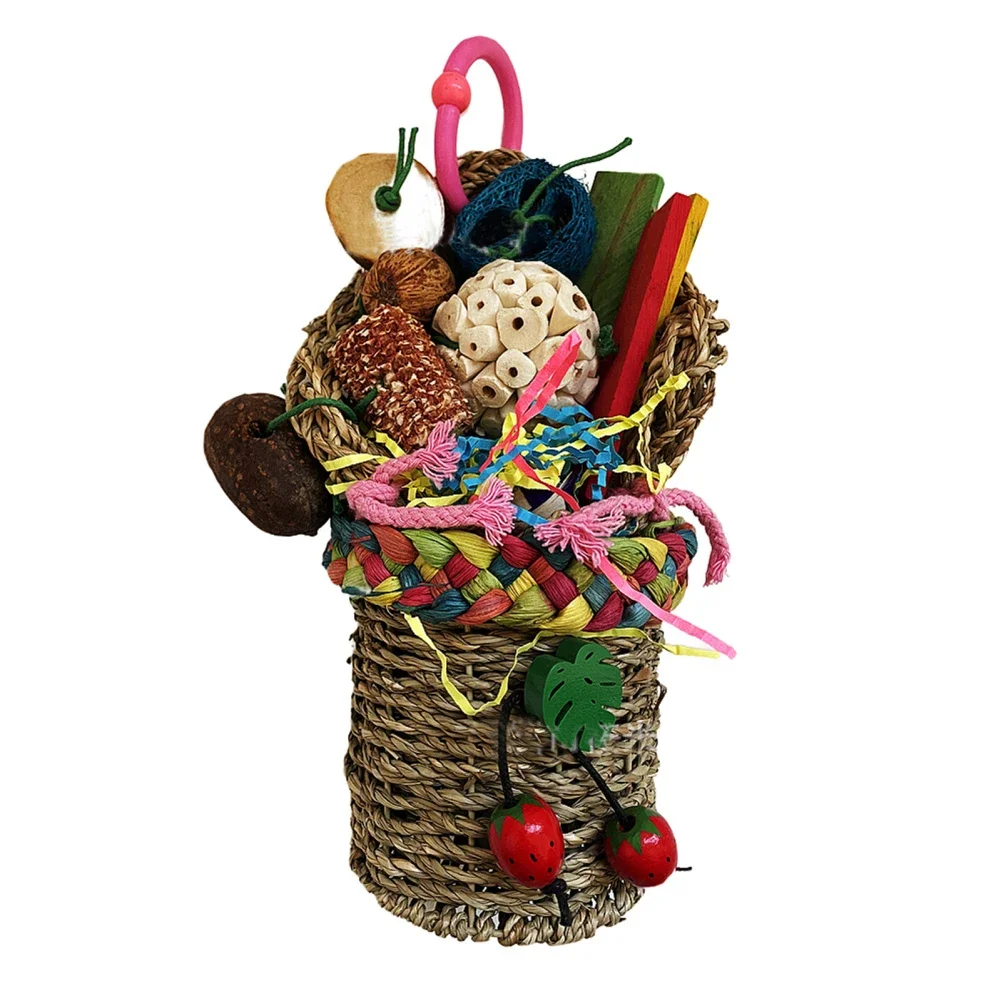 

28cm Edible Seagrass Woven Column With Colorful Chewing Toys For Small Medium Large Parrot Cockatiel Bird Supplies Pet Products
