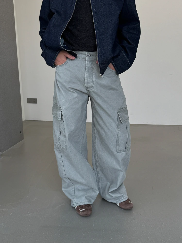 

Cleanfit American High Street Vintage Multi-Pocket Workwear Jeans Loose Straight Casual Pants Washed Denim for Men