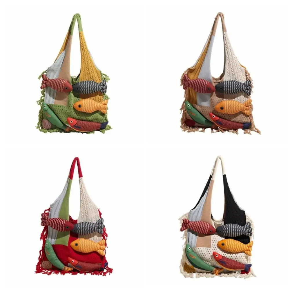 

New Little Fish Shoulder Bag Cute Large Capacity Versatile Tote Bag Handmade Summer Cotton Hollow Out Weave Bag Casual Outing