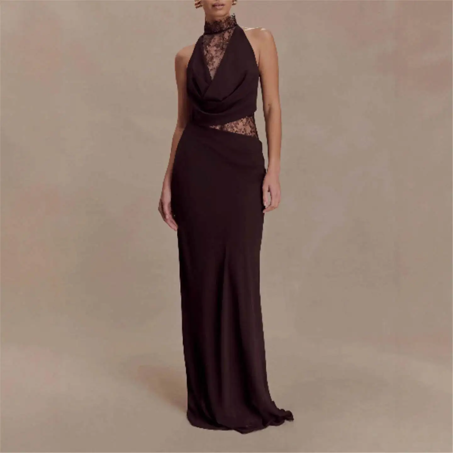 

Cross-Border Deep-V Lace Splice Hollow out Bal Dr Sexy Hanging Ne Dr High Waist Gown for Middle-Aged Women