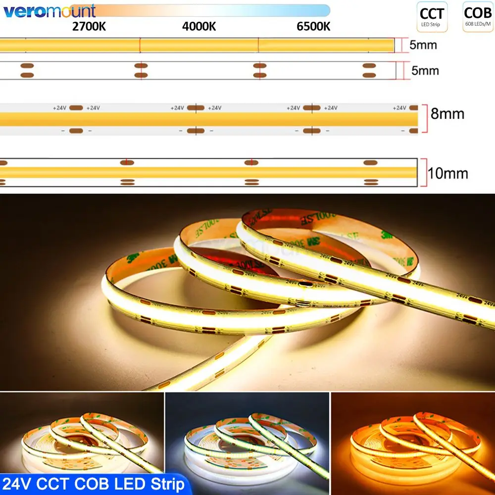 

5m DC12V 24V 5mm 8mm 10mm PCB COB CCT LED Strip 608 LEDs/m High Density Flexible Dimmable FOB Led Tape 2700K to 6500K Adjustable