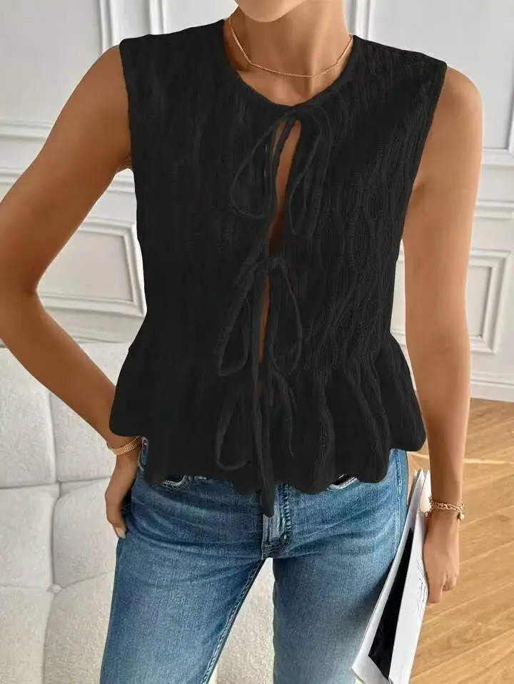 Artículo vendedor caliente vendedor caliente del verano, chaleco de moda ocasional del cuello redondo de la corbata delantera de las mujeres