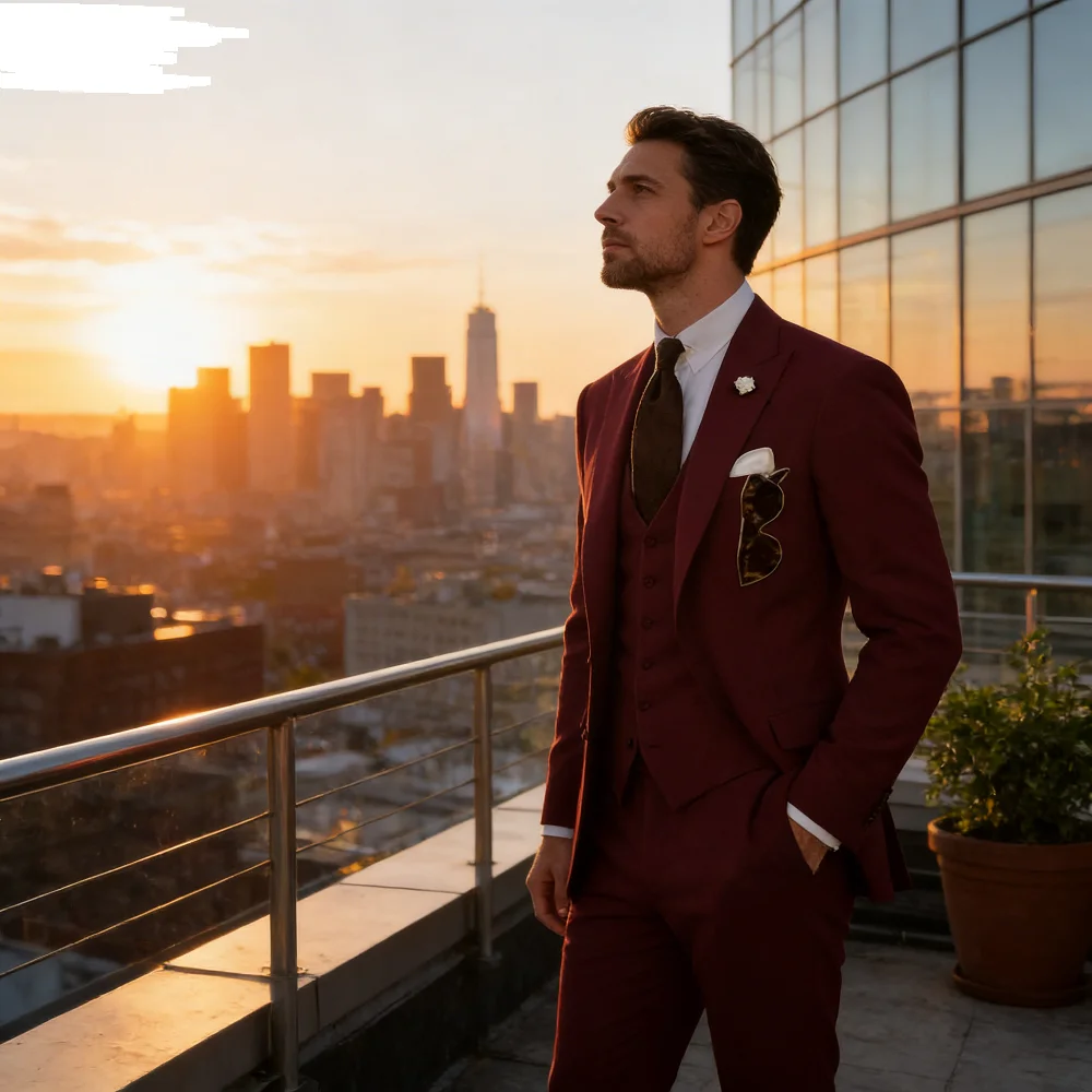 

Men's Slim Fit Double Breasted Suit, Vest and Pants Set for Wedding Groom Tuxedo, Elegant Rose Red, Business Party, 3 Pcs