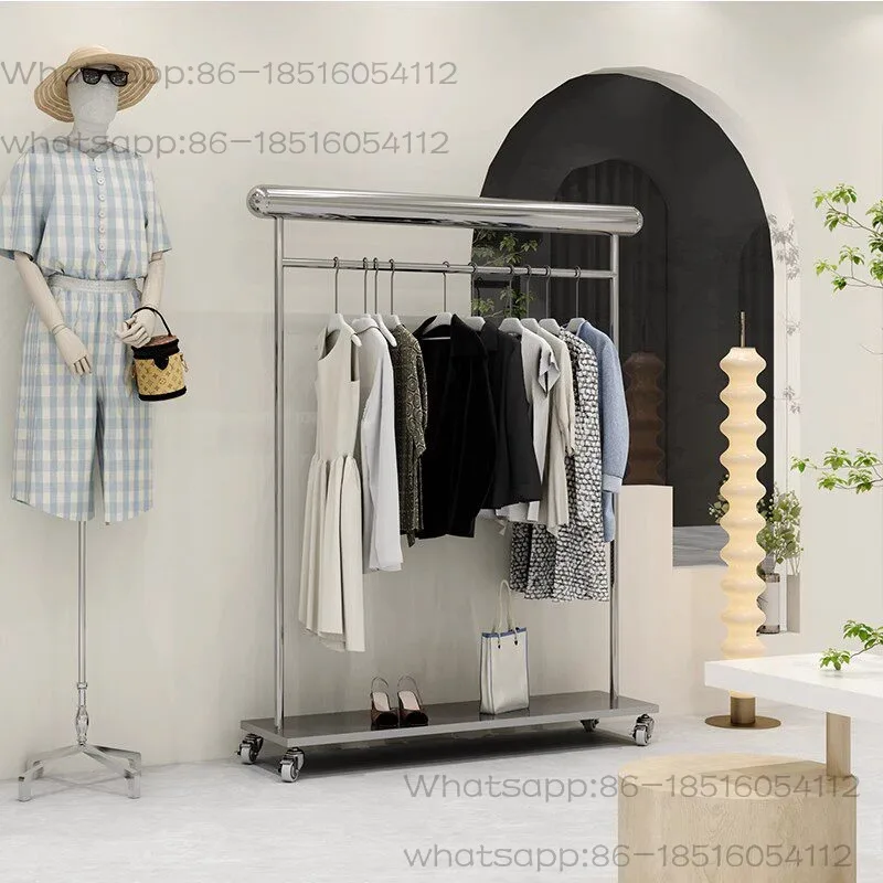 Clothing Store Display Rack Stainless Steel Floor-to-ceiling Mobile Clothes Hanging Rod with Wheels