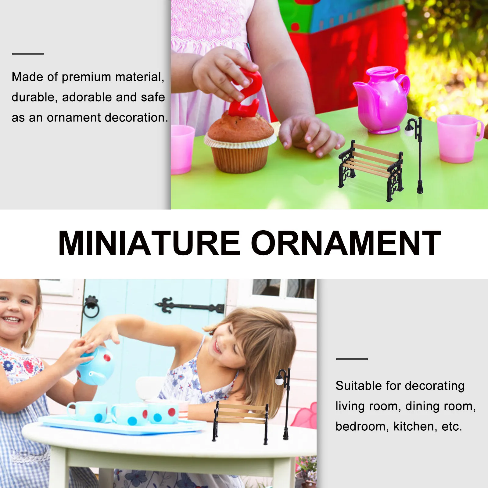 

2Pcs Chair and Mini Street Light Post Resin Metal Micro Landscape Decoration for Dollhouse Indoor Outdoor Garden