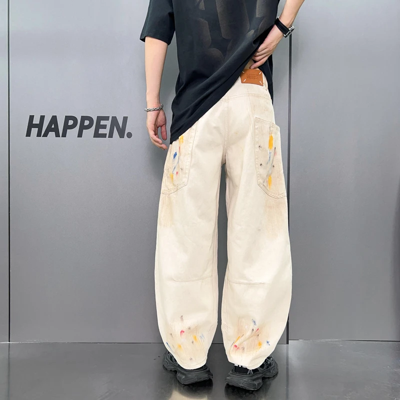 High-end personalized dyeing hand-painted graffiti men's jeans Korean version of the influx of men loose straight men's pants