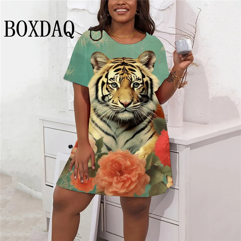 2024 New Summer Women Dresses Fashion Tiger Pattern 3D Printed Short Sleeve Dress Sundress Casual A-Line Mini Plus Size Clothing