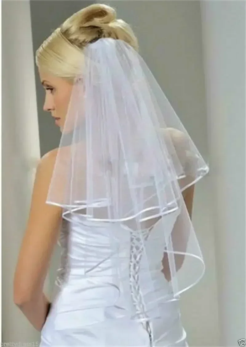 vestido de noviaWhite Bridal Wedding Veil 2 Tier with Comb Handmade Elbow Length 2024