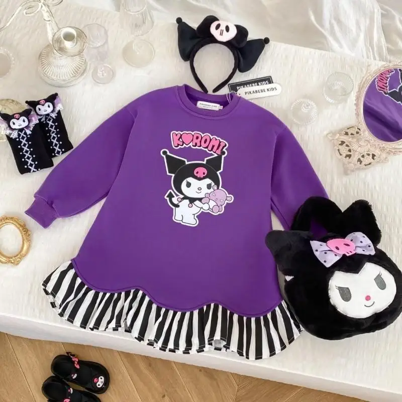 Herbst und Winter Mädchen Sweatshirt Kleid Cartoon Kuromi Langarm Kleid Vielseitiges mittellanges T-Shirt Rock Prinzessin Kleid