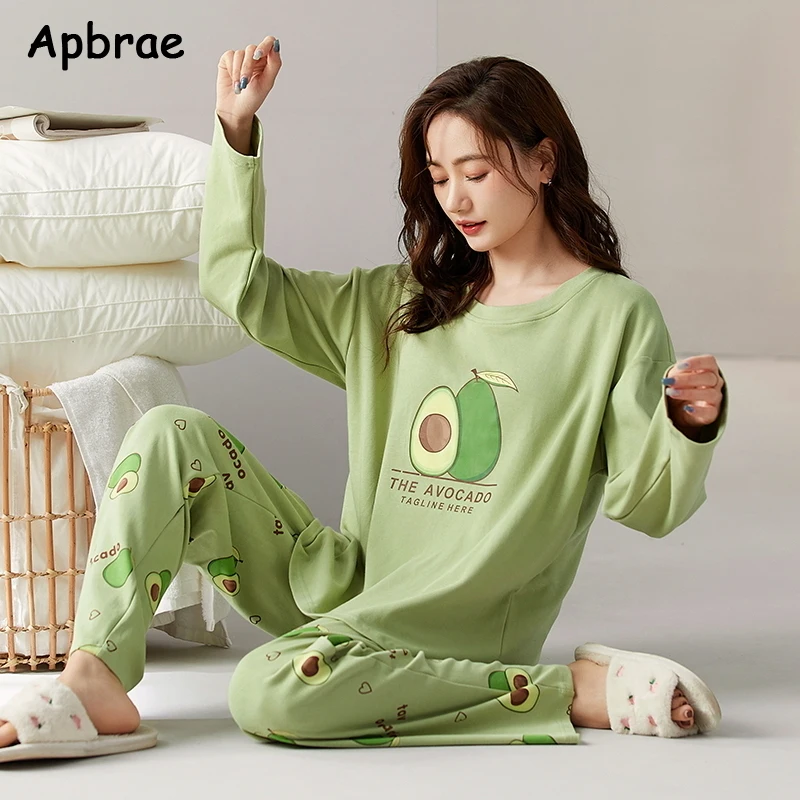 Autumn Cotton Sleepwear Cute Pajamas for Women Korean Pajama Sets Pijamas with Bra Pads Long Sleeve Avocado Print Loungewear