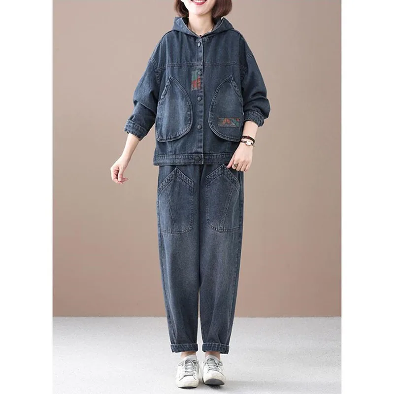 Retro Women Jeans Suits 2025 New Autumn Women's Hooded Stitching Denim Jacket Fashion Suit Female Two-Piece Sets Cotton Vintage