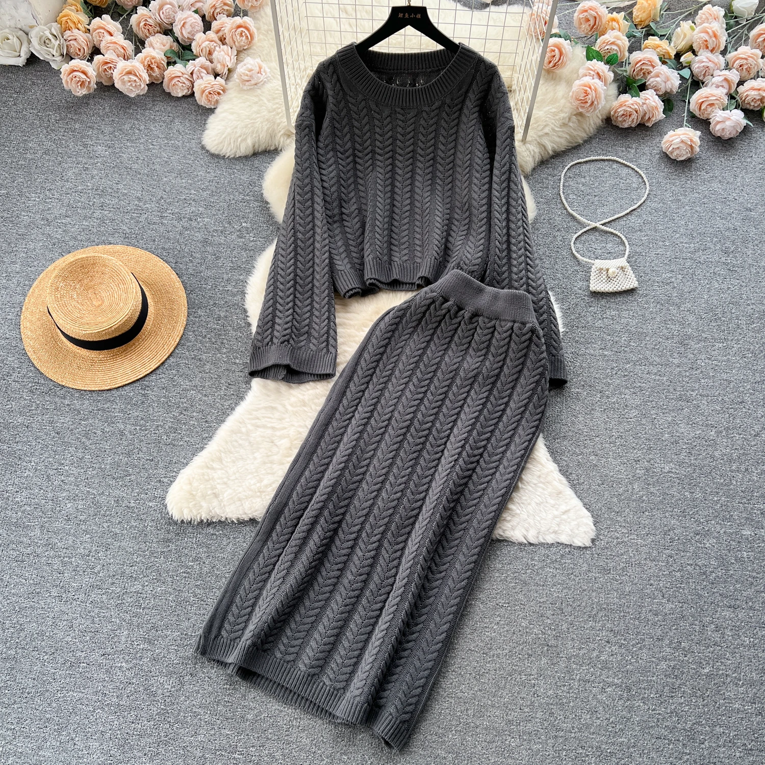 2pcs Women Kniting SKirt Suits Striped Loose Long Sleeve Pullover Sweaters+Elastic Waist A-Line Half Skirt Two Pieces Lady Sets