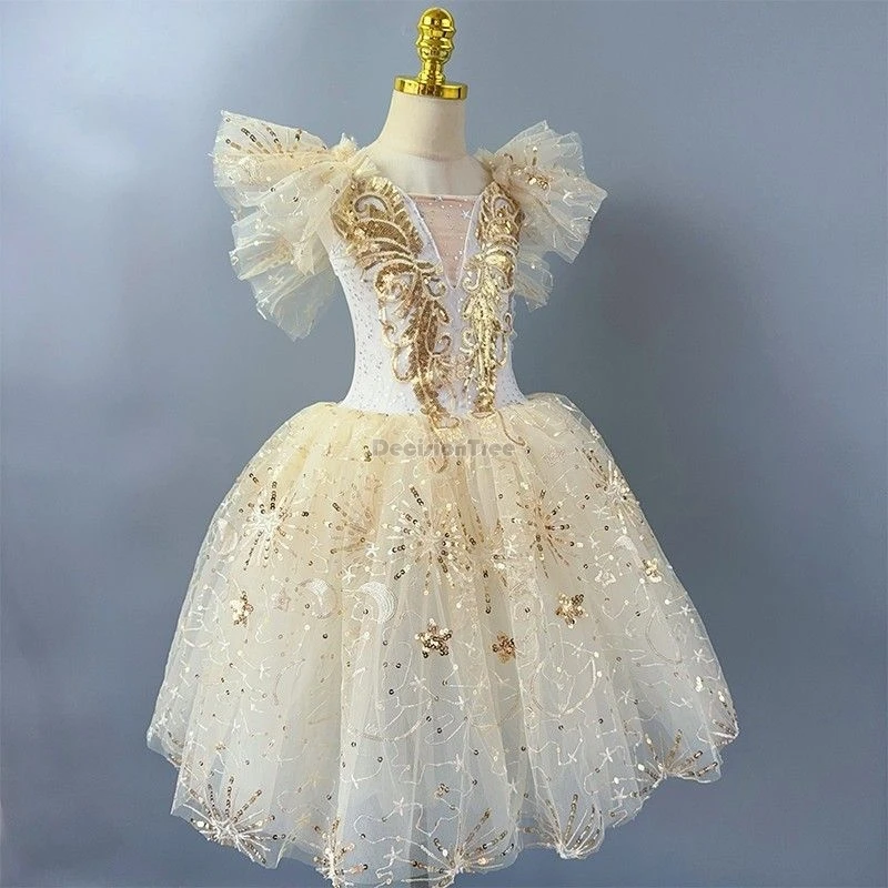 

2025 children's long ballet dance dress girls' swan sequined princess puffy gauze dress stage performance dance costumes set