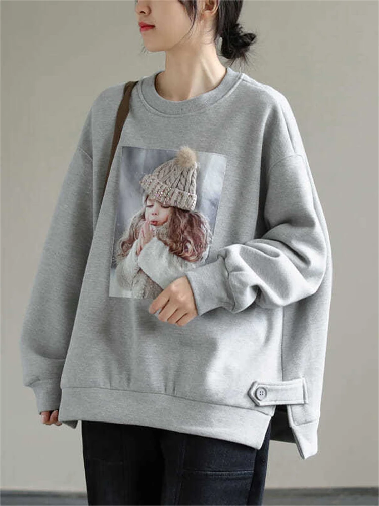 

Loose Casual Sweatshirts For Women Winter Autumn New Fashion O-neck Thicken Fleece Warm Tops Cute Girl Print Versatile Outwear