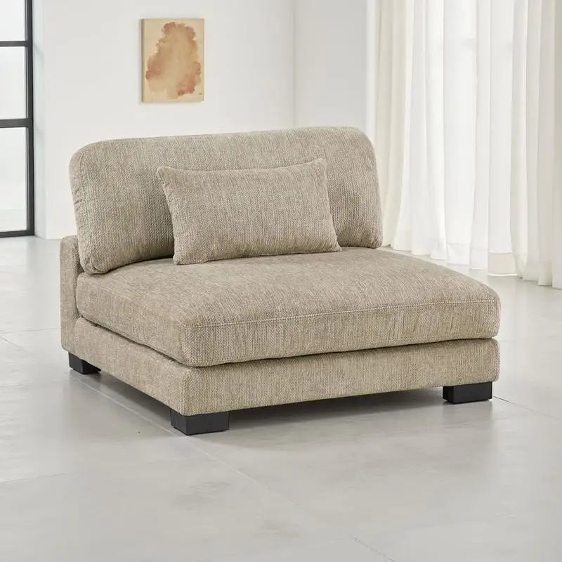 Cadeira sem braços com travesseiro, microfibra marrom, estrutura de madeira preta