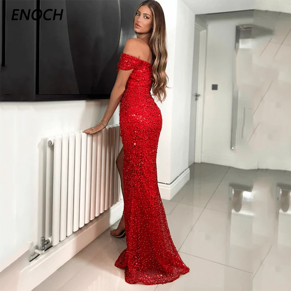 ENOCH-Vestidos De Noche De sirena para mujer, ropa Sexy con abertura lateral, escote Corazón, hombros descubiertos, lentejuelas, cremallera trasera, fiesta