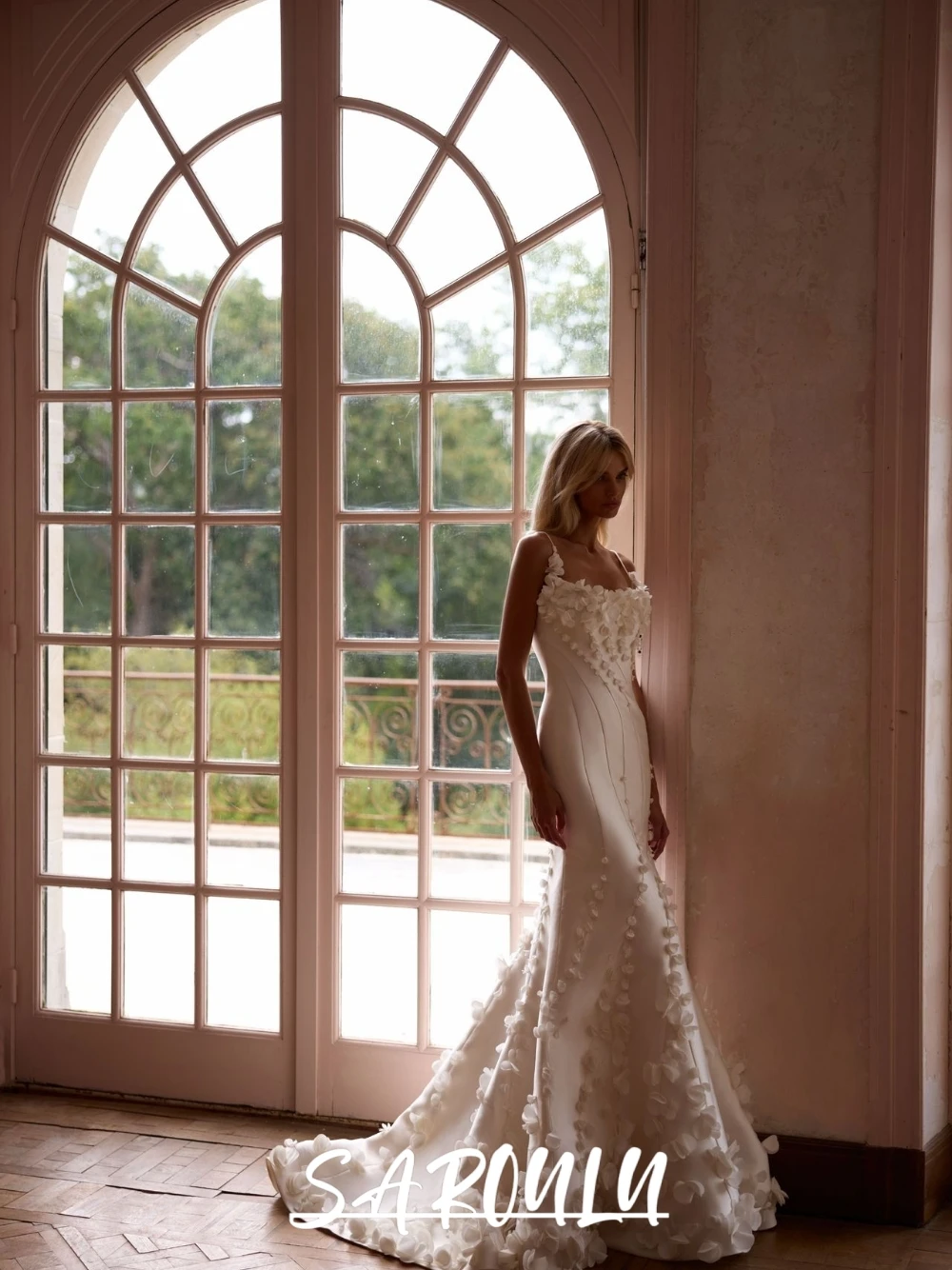 

Dreamy Blooms Romantic Satin Mermaid Wedding Dress With Thin Straps Stunning Customized Dainty Square Neckline Bride Wear