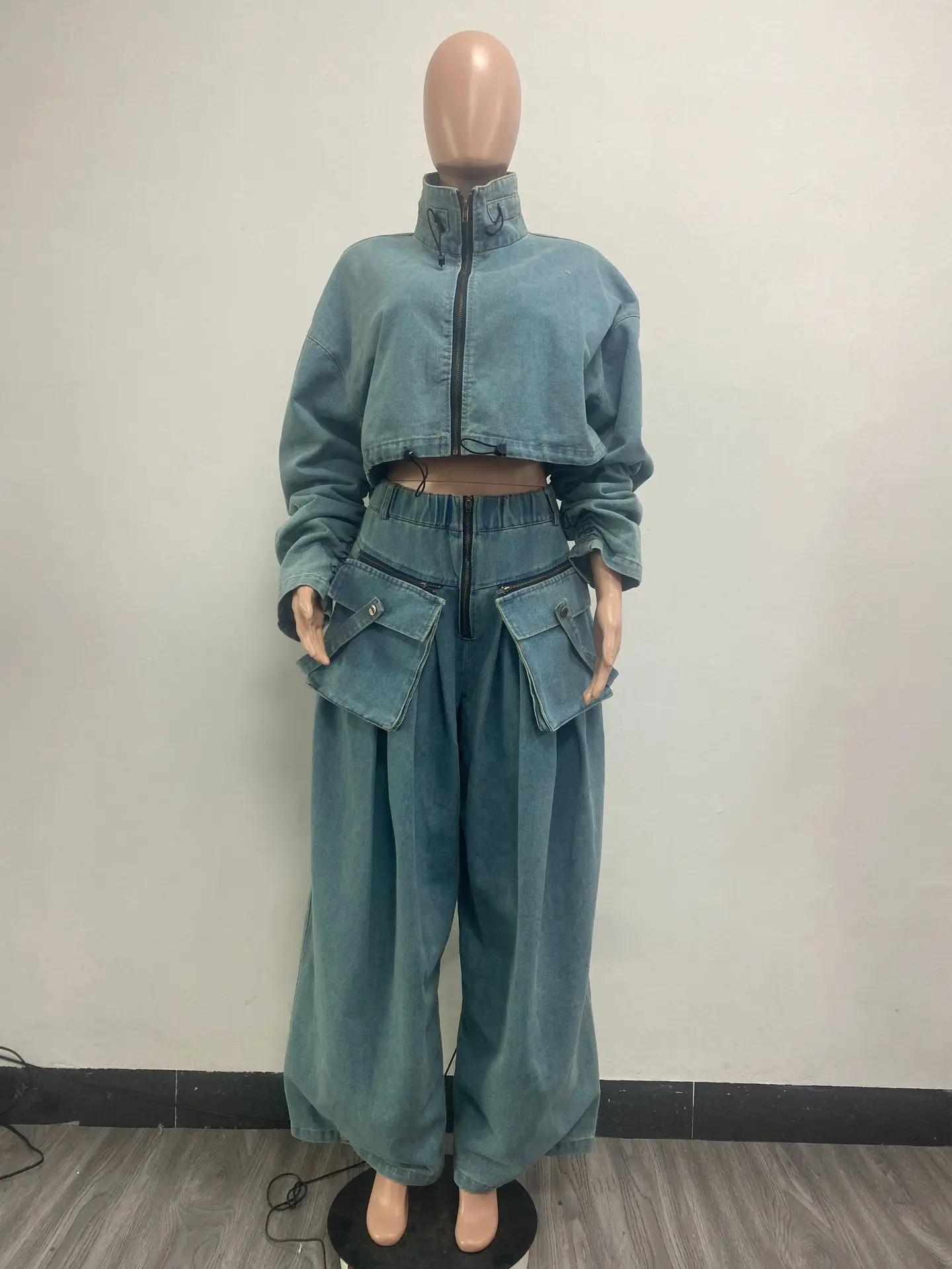 Fall Denim Suit For Women Long Sleeve Lapel Top And Wide Leg Pant Outfits Comfortable Solid Color Ladies Two-Piece Set