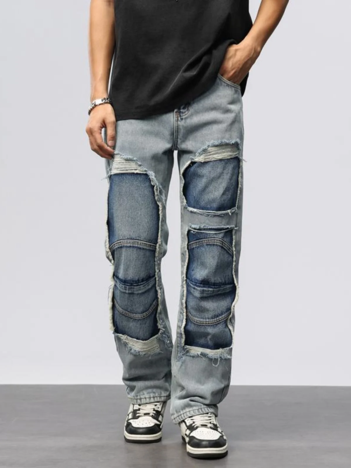 

Retro American High Street Men's Loose Straight Leg Jeans Trendy Patchwork Casual Versatile Wide Leg Long Trousers