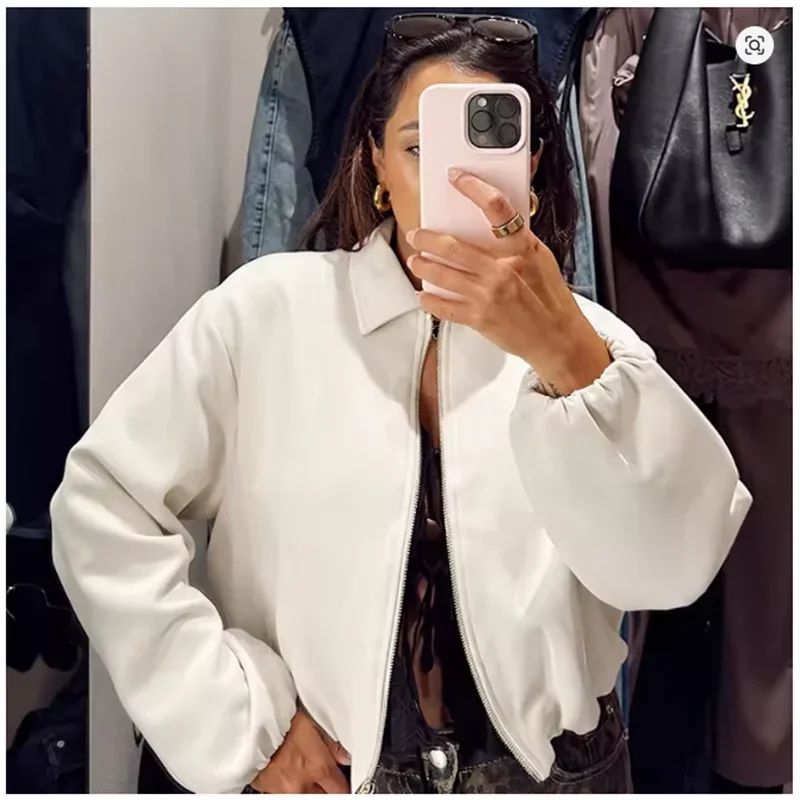 

3 Color Women's Bomber Jacket Autumn Puff Beige Crop Coat Zip Up Oversized Jacket Plus Size Long Sleeve Tops Loose Outerwears