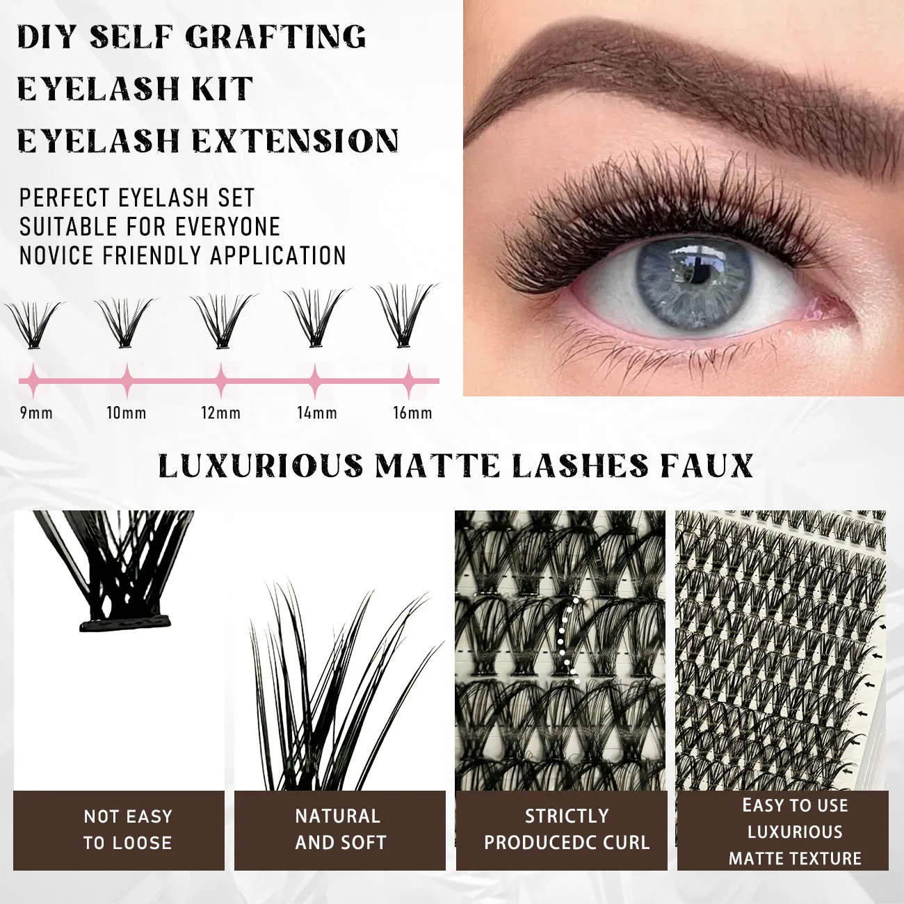 DIY Lash Extension Kit Bond And Seal Makeup Tools With Tweezers Clusters Waterproof Strong Hold Lash 320 PCS Mix Fake Eyelashes