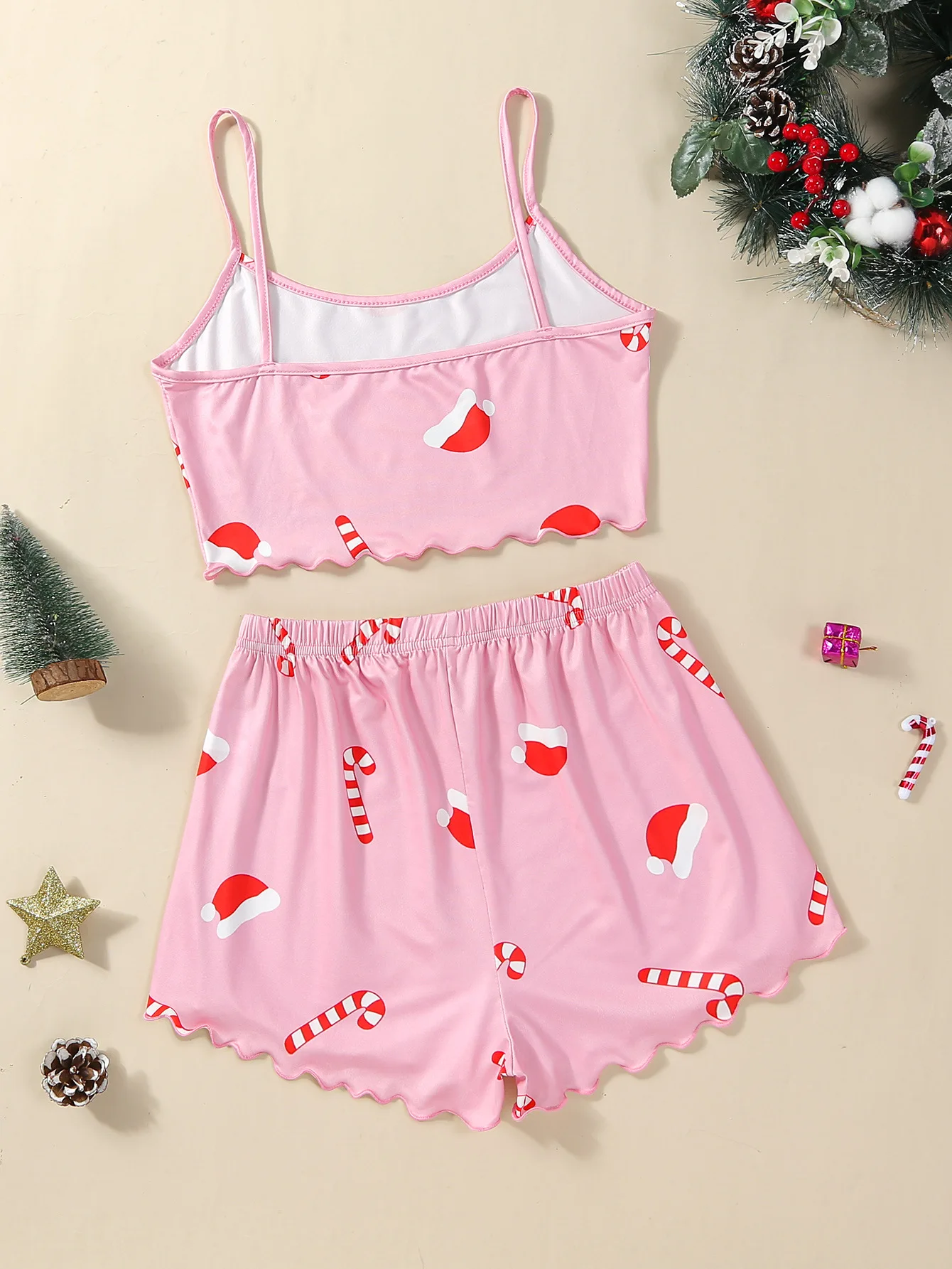 Sexy Christmas Santa Hat Print Pajama Set for Women 100% Polyester Knit Fabric with Medium Stretch All-Season Sleepwear