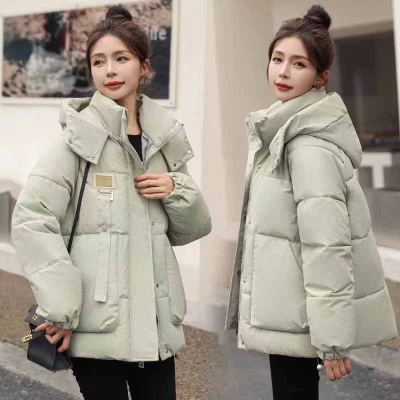 

Chic Cotton-padded Coat Warm Winter Women's Clothing Short Puffer Jacket Hooded Parkas Pocket Long Sleeve Solid Zipper Jacket