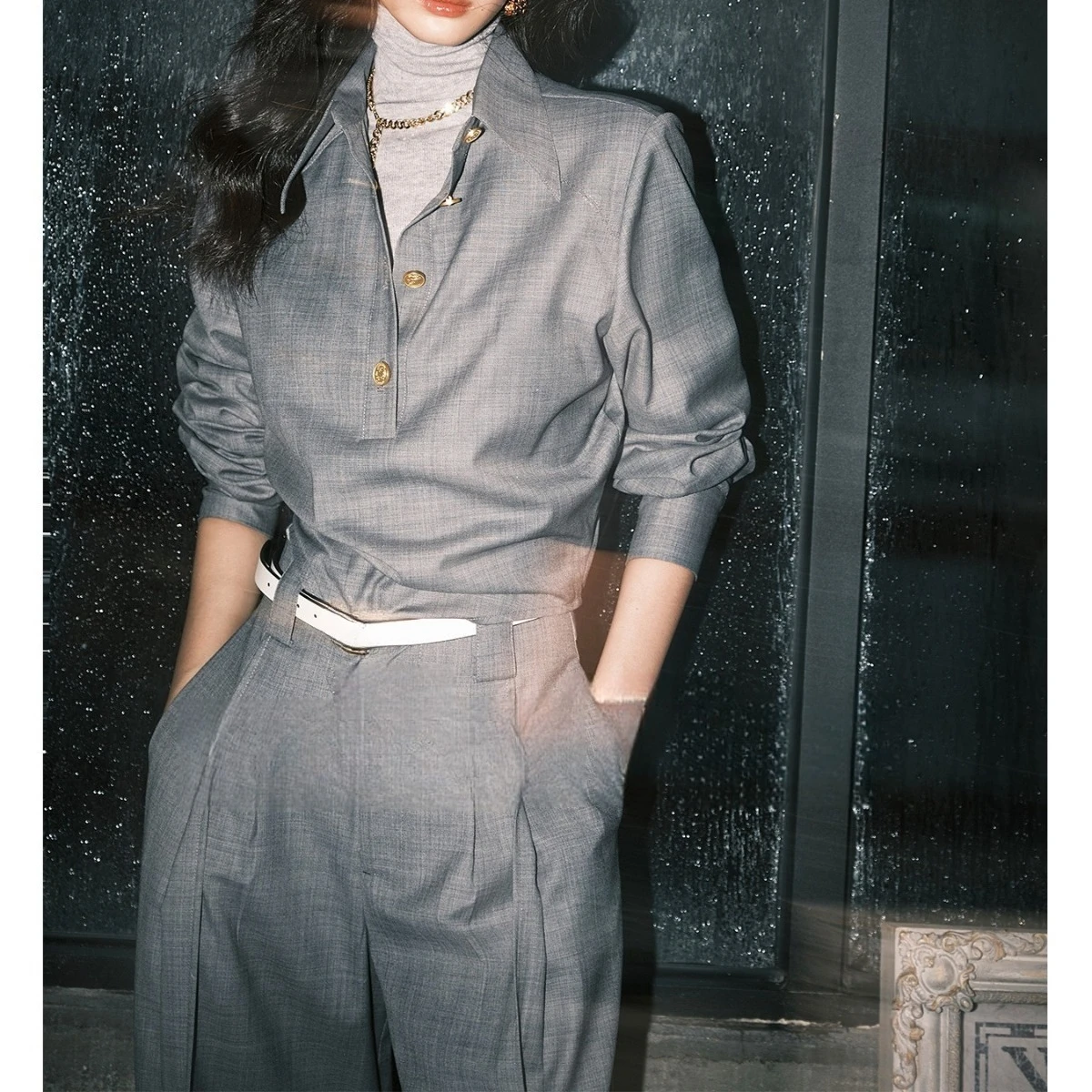 

Seasonal Wear TR Thick Twill Texture Irregular Bias Cut Top and Trousers To Wear with Spring Two-piece Set