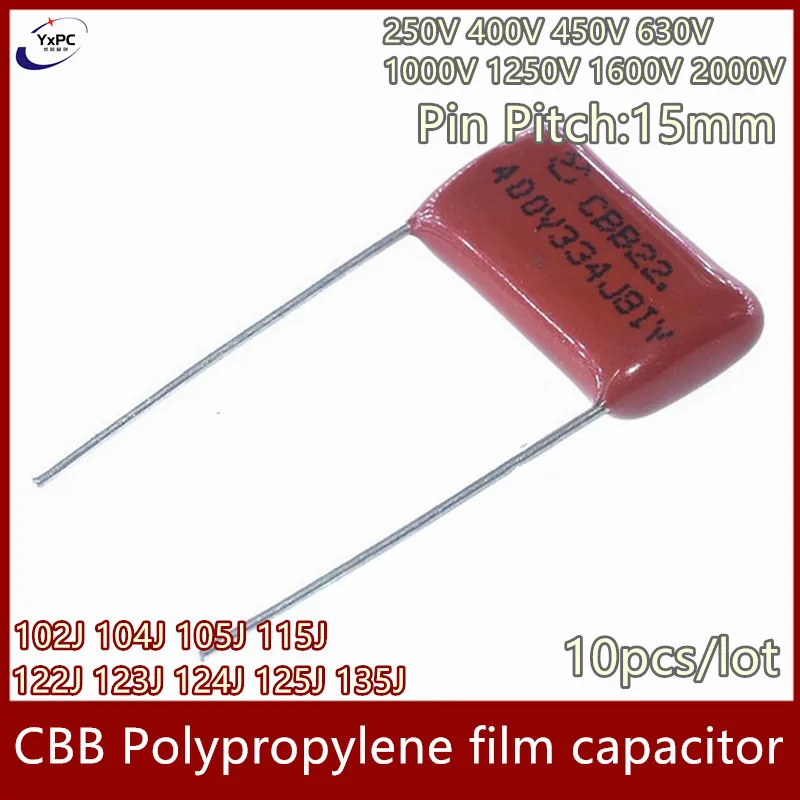 Condensador de película de polipropileno CBB, 10 piezas, 250V, 400V, 450V, 630V, 1000V, 1250V, 1600V, 2000V, 152J, 153J, 155J, 182J, 183J, 184J, 205J, 221J
