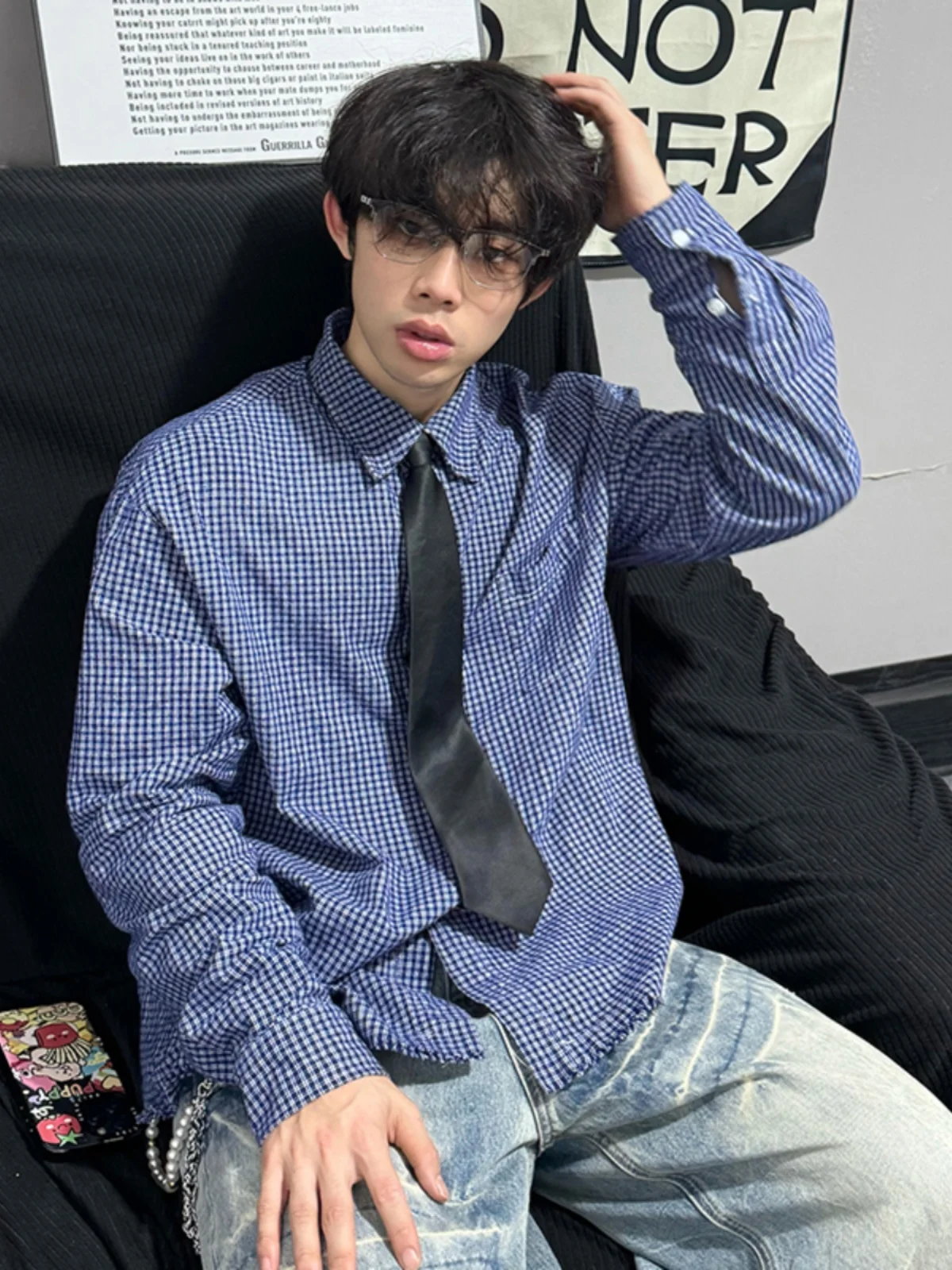 

Мужская рубашка-куртка в синюю клетку с длинным рукавом, весенняя, в американском ретро-стиле, свободного кроя, повседневная, для молодежи, для делового стиля