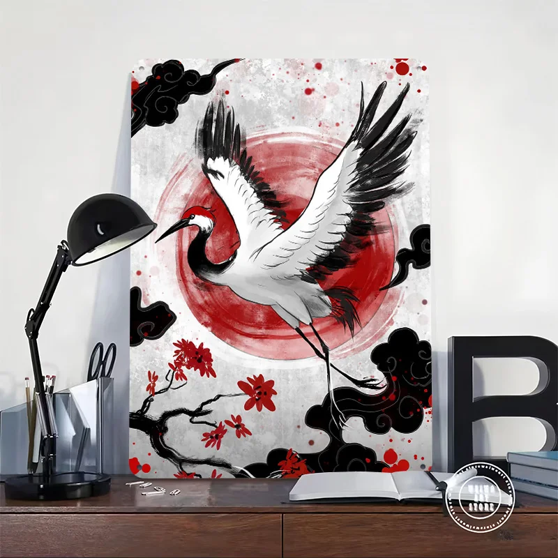 Japanese Crane With Red Sun Digital Art Metal Poster Perfect Gift for Fans Lovers Customized Wall Art Metal Sign for Room Decor