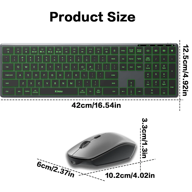 JOMAA Alloy Full Size Backlit Wireless Keyboard Set Rechargeable 2.4G&Bluetooth Silent Keyboard Set for Computer Laptop Tablet
